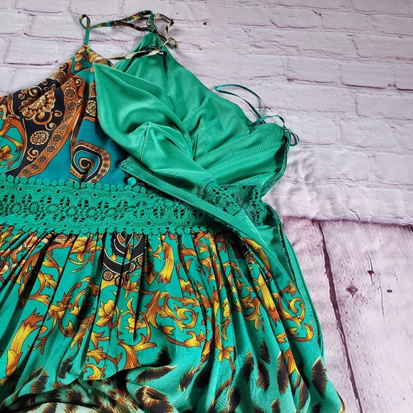 Holy Slit Sleeveless Paisley Green Maxi Dress Lace V-neck Summer XL Beachy Boho - Picture 9 of 14